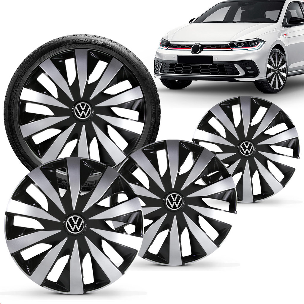 Jogo 4 Calotas Elitte 14" Seven Preto Prata Polo Track 2023 a 2025 com Emblema Resinado