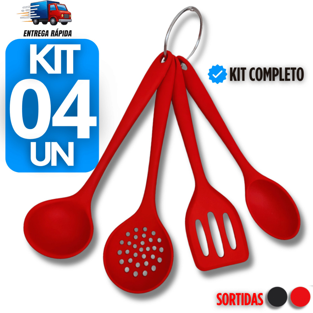 Conjunto Utensílios Silicone Colher Concha Espátulas Escumadeira Cozinha Vermelhos/Pretos Utensílio