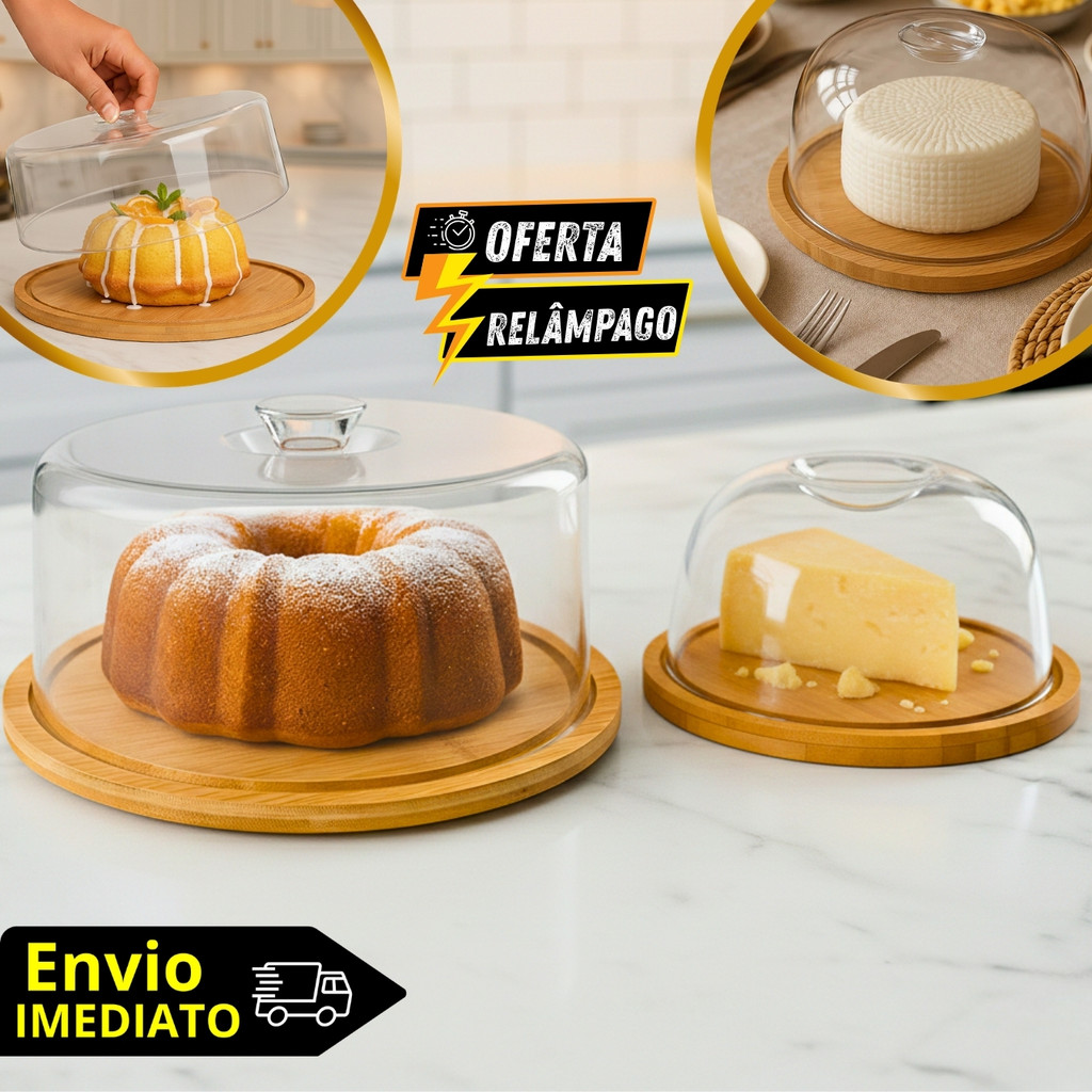 Kit Boleira 28cm + Queijeira 19cm Bambu Tampa Em Acrílico Porta Queijo Frios Porta Bolo Torta Café da Manhã Mesa Posta em Oferta na Shopee