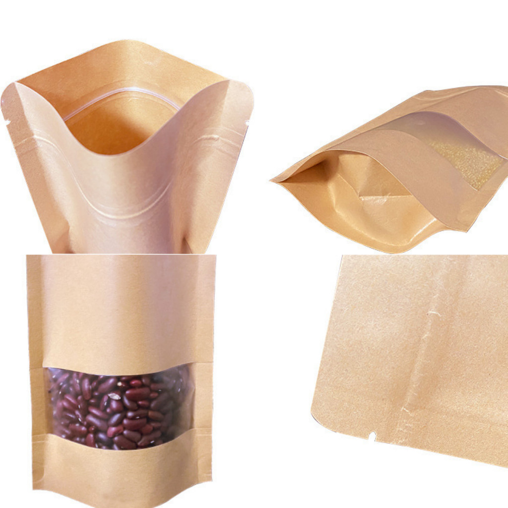 100 saco Stand-Up de papel Kraft fosco, com janelas, adesivos grátis, lanches, produtos secos, presentes, saco de embala