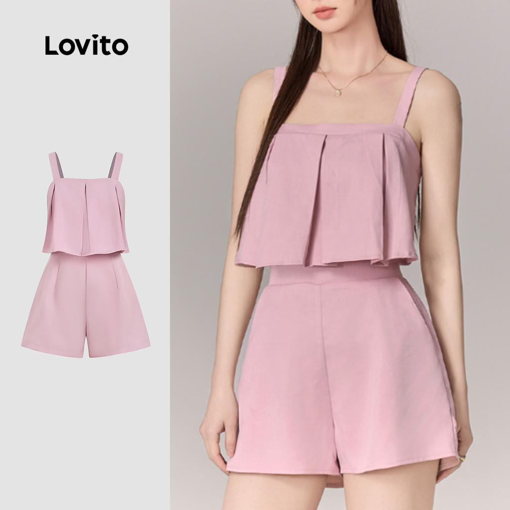 Lovito Casual Macacão Plissado Franzido Primavera/verão Rosa para Mulheres L178E