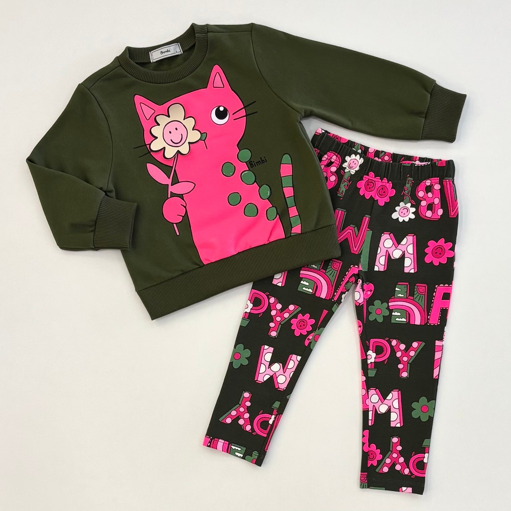 Conjunto Infantil Menina Bimbi Casaco Verde e Legging Estampada Inverno Moda Kids FA797