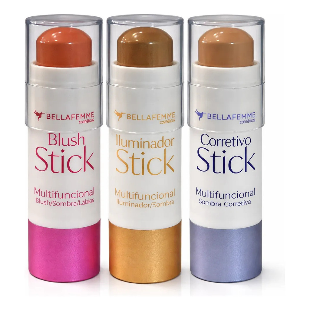 Kit 3 Bastão Maquiagem Blush Iluminador Corretivo Rosto Completo Prático Natural Fácil Aplicar