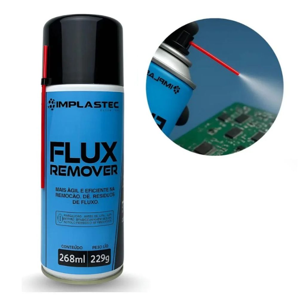 Removedor de Fluxo Solda Remoção Residuos Limpeza Placa Eletrônica Aerosol Implastec 229g 268ml