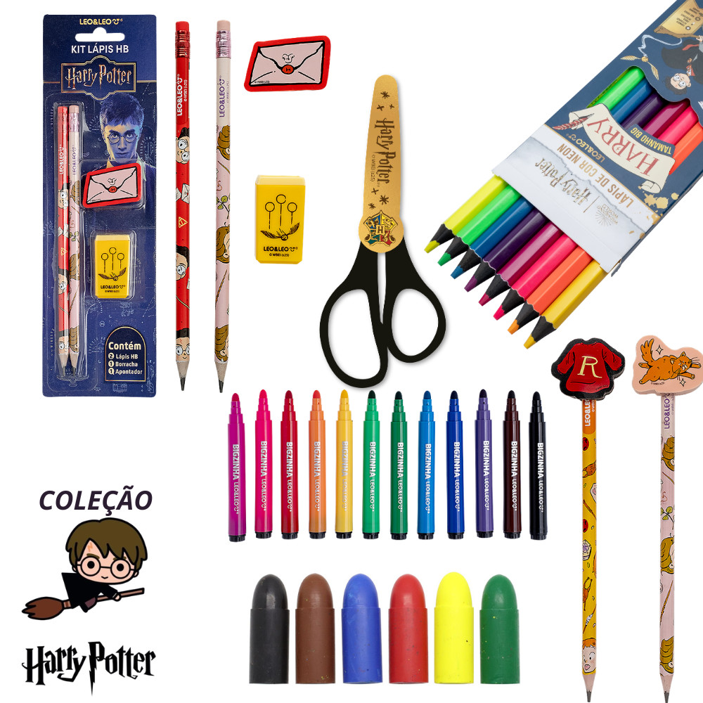Kit Material Escolar Harry Potter Completo Lapis Cor Neon Tesoura Hidrocor Giz Borracha