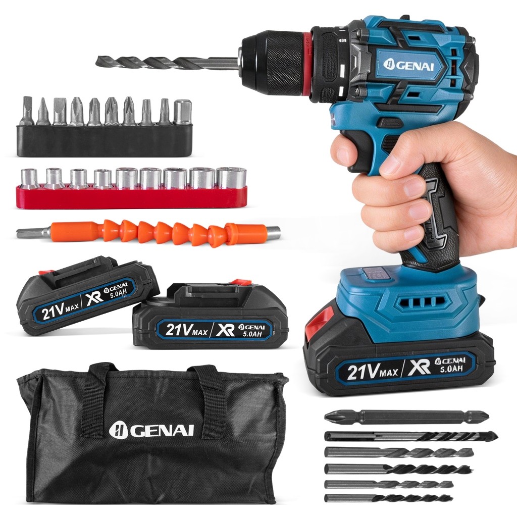 Furadeira de Impacto 21V GENAI com Bateria 5.0Ah - Kit Completo, Perfura Concreto, Metal, Madeira, Inclui Acessórios