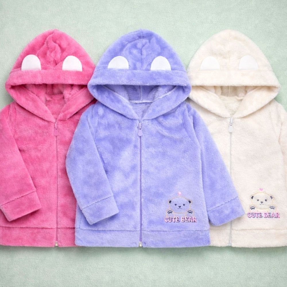 Blusa Fleece Aveludado Para Bebê Menina 0 a 12 Meses Com Capuz Orelinha