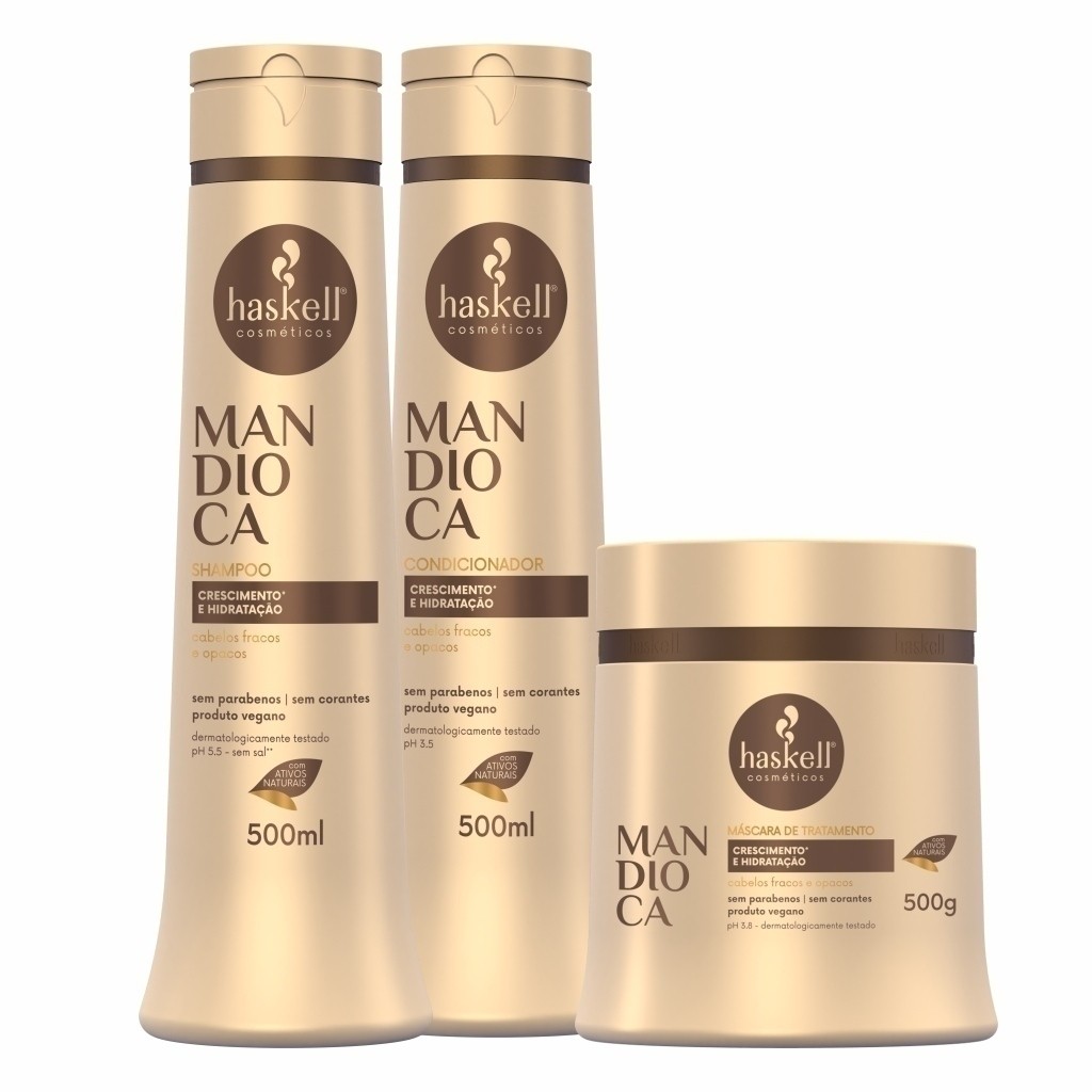 Kit Mandioca 500gr Haskell (3 itens) | Shampoo + Condicionador + Máscara | Crescimento e Hidratação