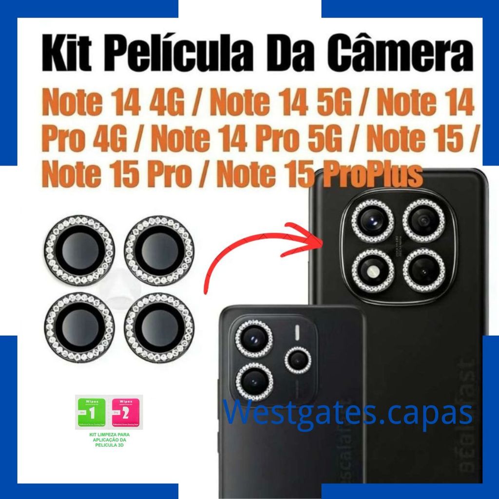 KIT Película Metal diamante Protetor Câmera Para Xiaomi Redmi Note14 4G 5G/ Note