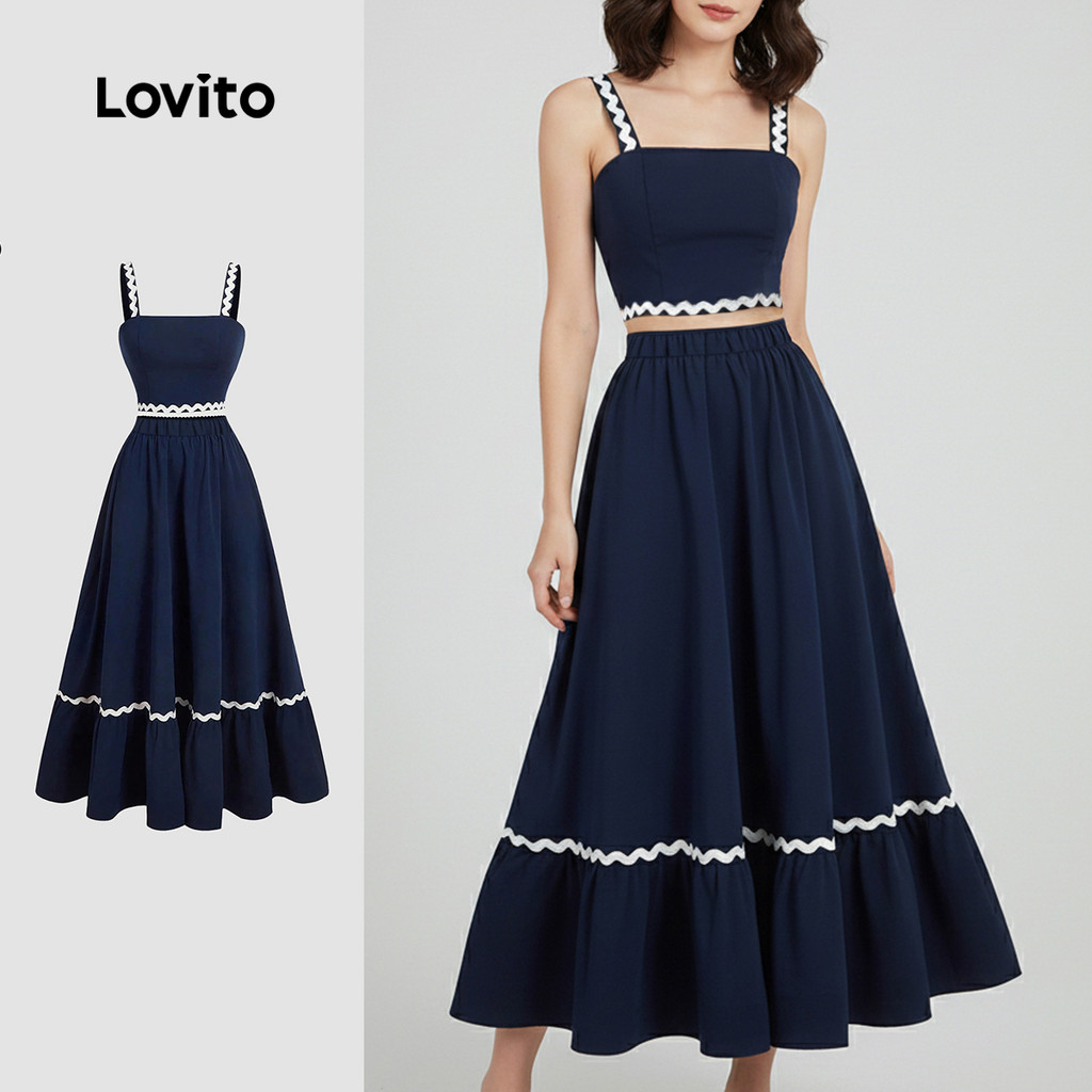 Lovito Tops ou calças elegantes primavera/verão saia azul marinho tops ou calças para mulheres LK3LD475 em Oferta na Shopee