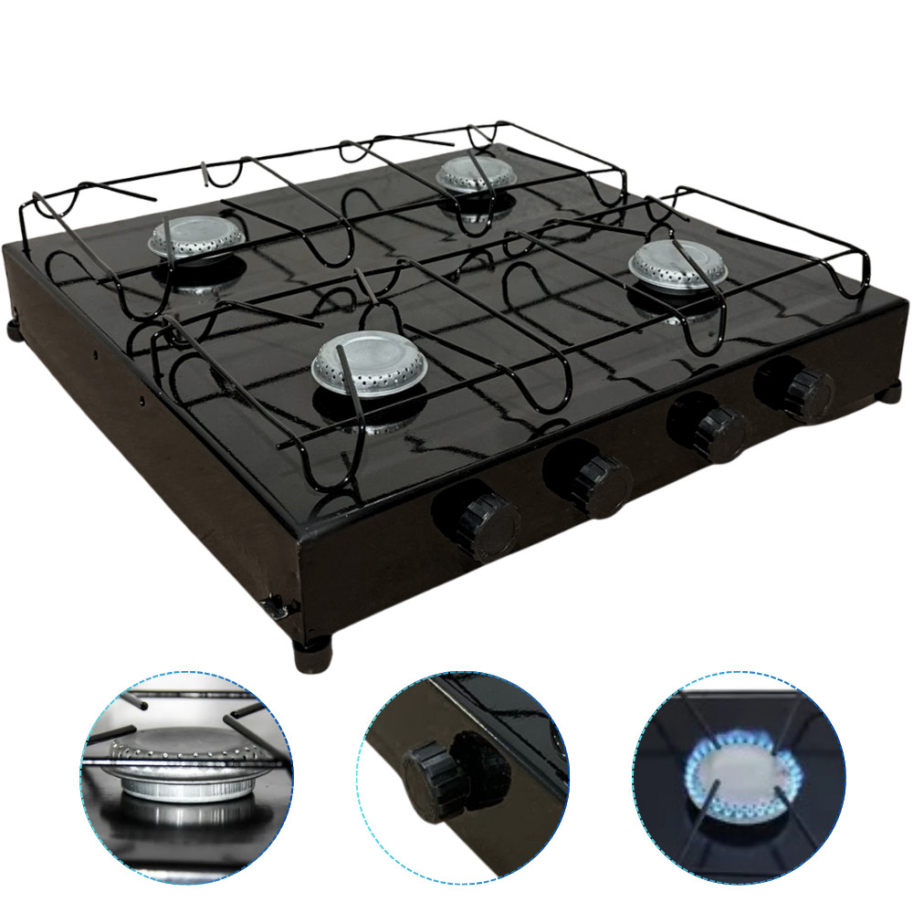 Fogão Fogareiro A Gás 4 Bocas Portátil Com Grelha Para Camping Pesca E Trilha Cor Preto Resistente