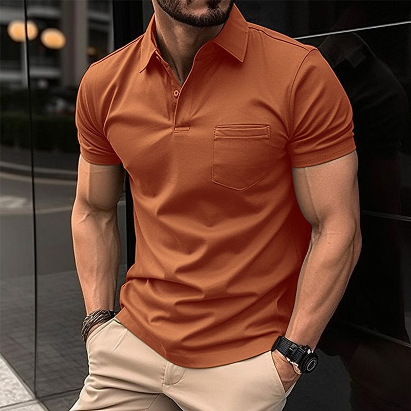 2025 verão lapela pulôver camisa polo bolso no peito camisa polo esportiva masculina topo Casual manga curta cor sólida
