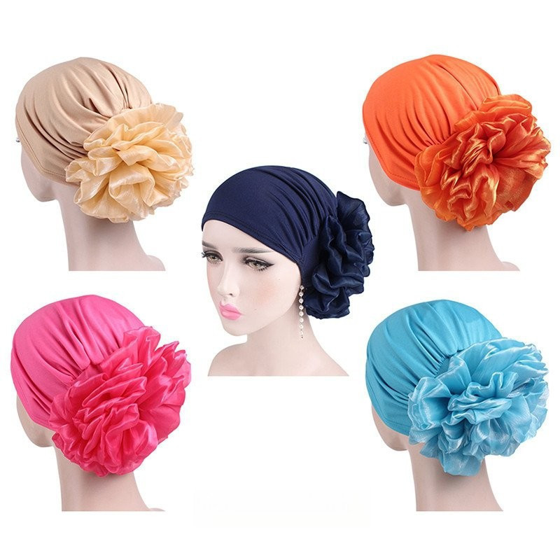 BBYTER Mulher Grande Flor Sólida Cor Casual Muçulmana Protetor Solar Muçulmano Tight Wrap Turban Cap