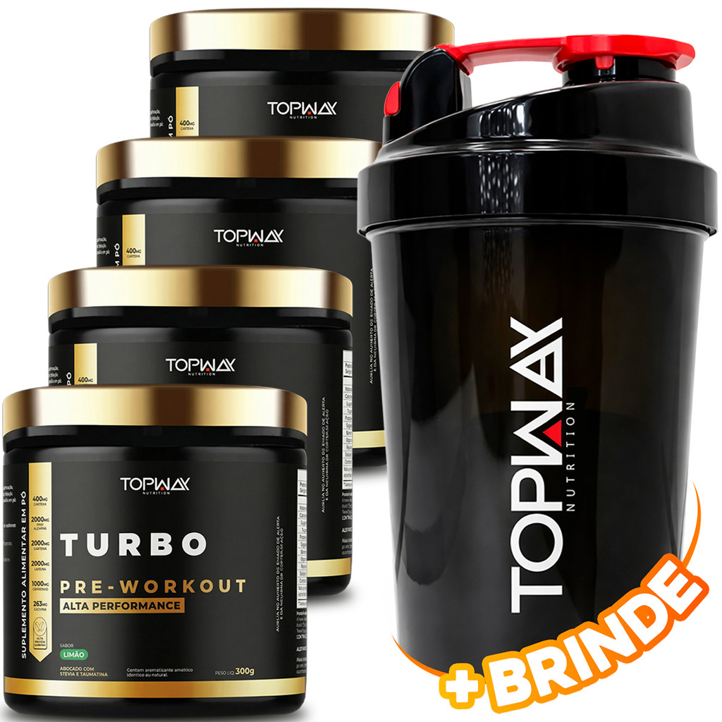 4x Topway Suplemento Pré Treino Workout Turbo Alta Performance 300g Sabor Limão + Coqueteleira