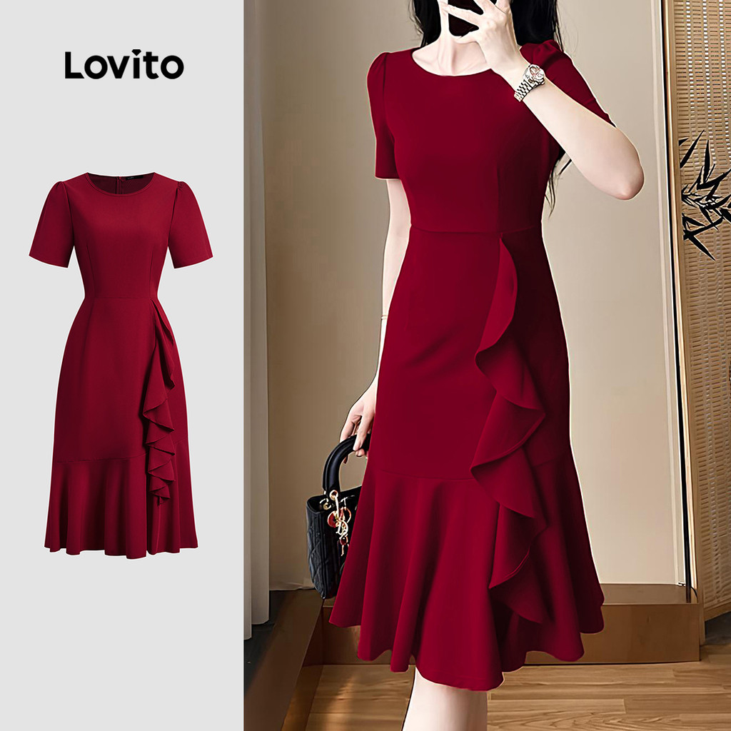 Lovito Vestido Elegante com Babados para Primavera/verão Vestido Claret para mulheres L167LD102 em Oferta na Shopee