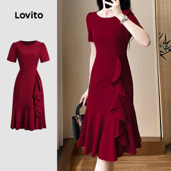 Lovito Elegante Vestido Com Babados Para Primavera/Verão Vestido Claret Feminino L167LD102