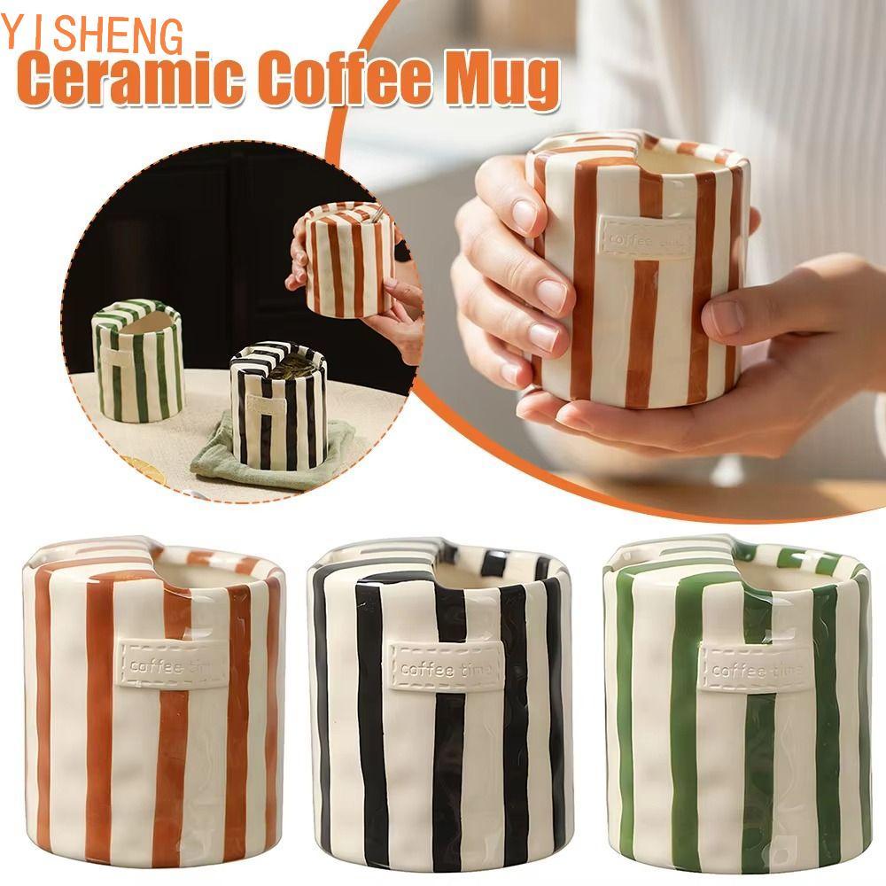 Caneca De Café De Cerâmica YISHENG , Xícara Expresso Listrada Pintada À Mão , Aderência Confortável