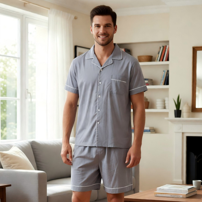 Pijama Masculino Curto Verão com Botões | Manga Curta + Bermuda | Leve e Fresco
