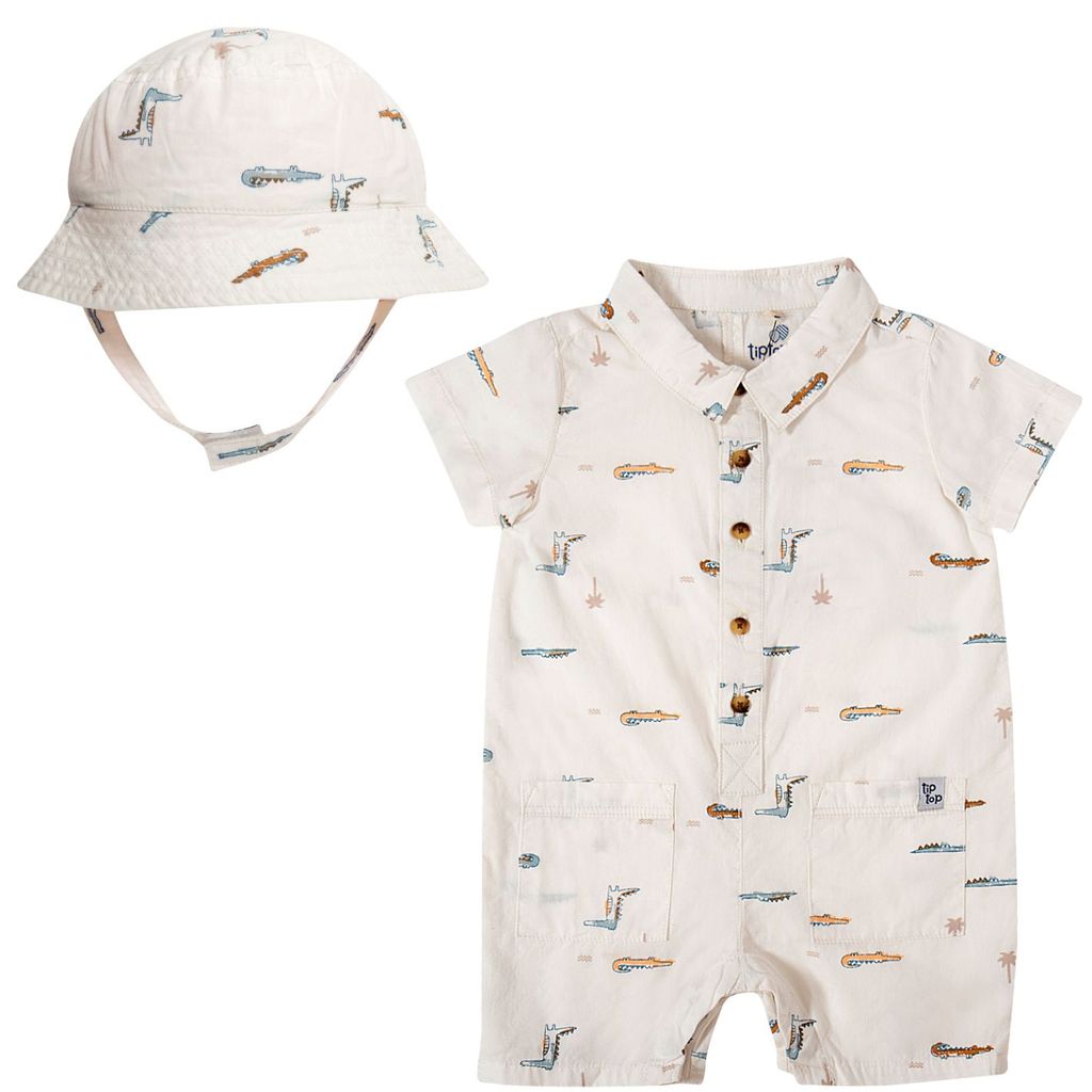 Macaquinho Bebê Camisa Tricoline com Chapéu Branco Jacarezinhos Tip Top