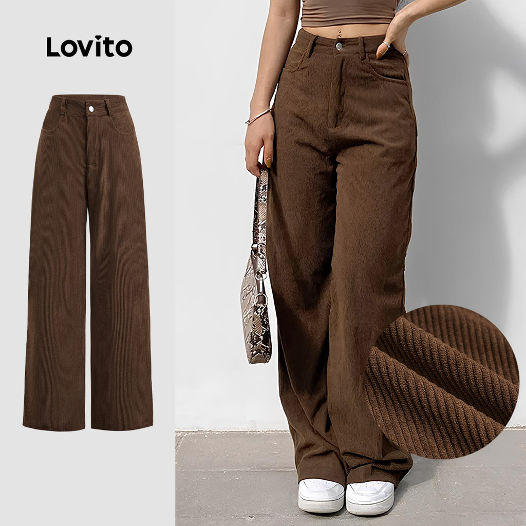 Lovito Calça Casual Com Zíper E Bolso De Veludo Cotelê Para Mulheres LBL23492 em Oferta na Shopee