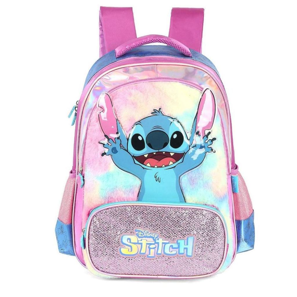 Mochila Costas Infantil Stitch Glitter Cute Roxo Menina Luxcel