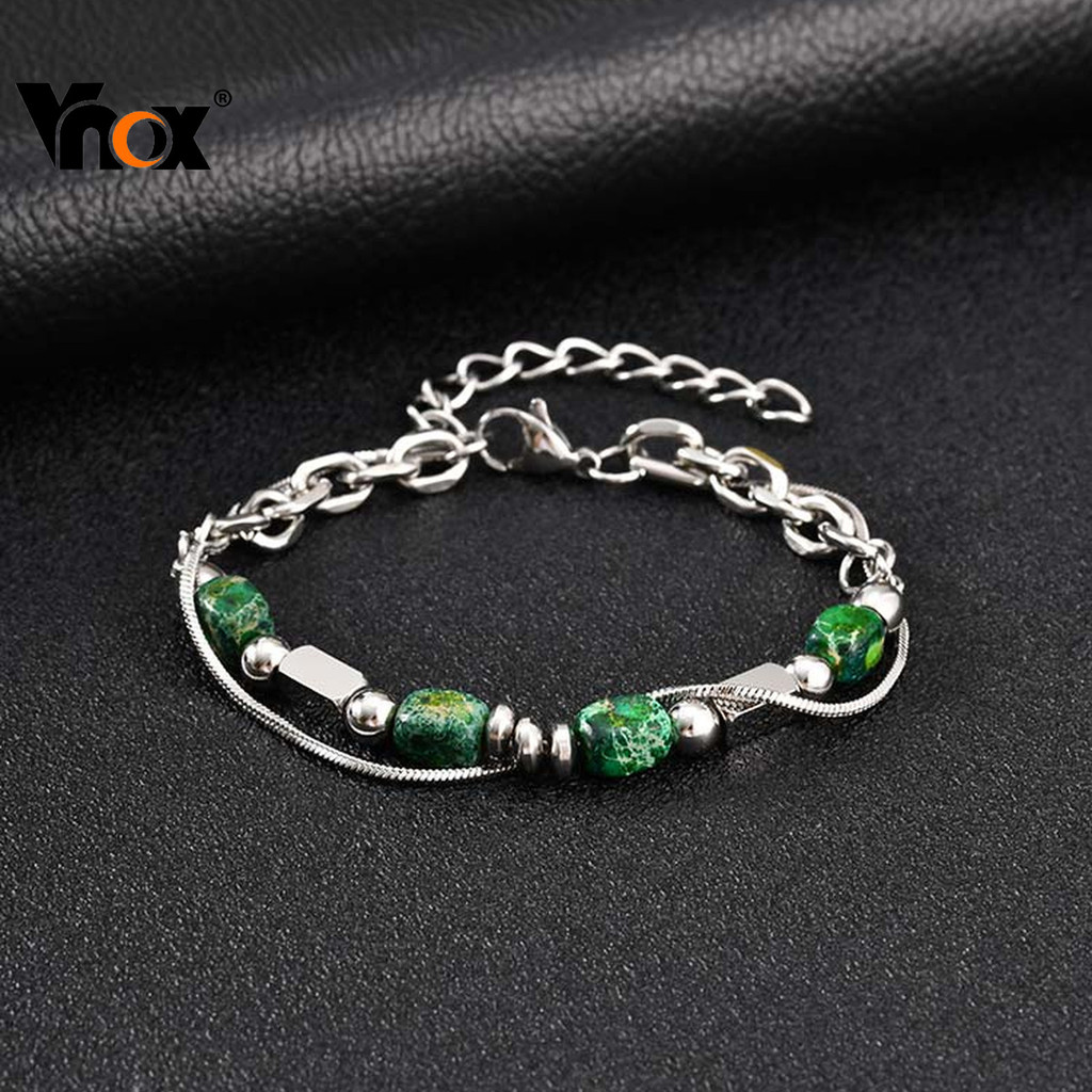 Pulseira De Contas Feitas À Mão Vnox Com Pedra Natural Para Homens , Aço Inoxidável De Camada Dupla , Presentes De Joias