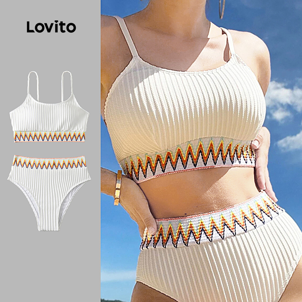 Lovito Conjuntos de Biquíni Boho de 2 Peças com Pregas para Primavera/verão Conjuntos de Biquíni Branco LNE130X017 em Oferta na Shopee