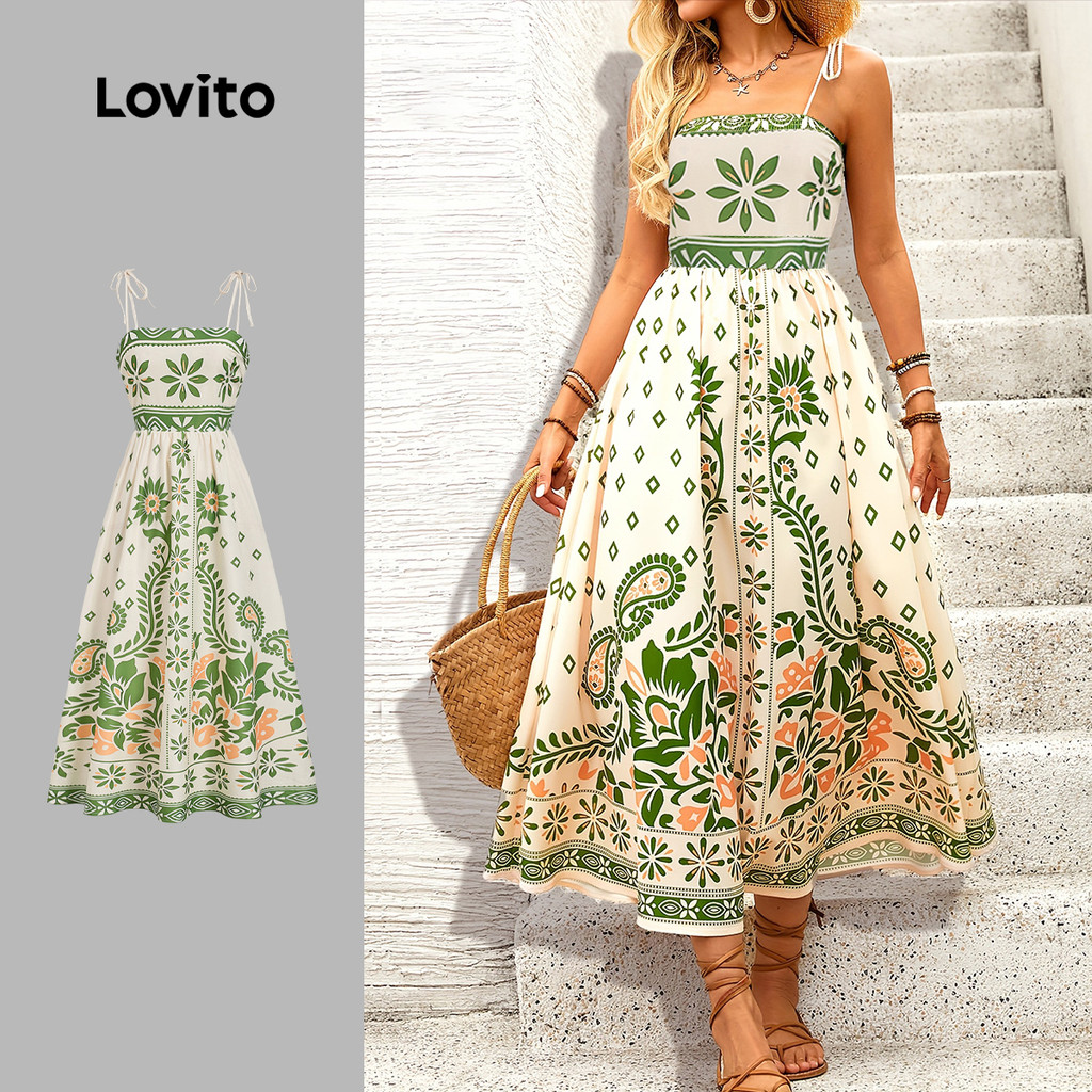 Lovito Vestido Longo Boho Étnico Estampado Com Zíper E Amarração Estilo Resort Primavera/verão Para Mulheres LBL32038 em Oferta na Shopee