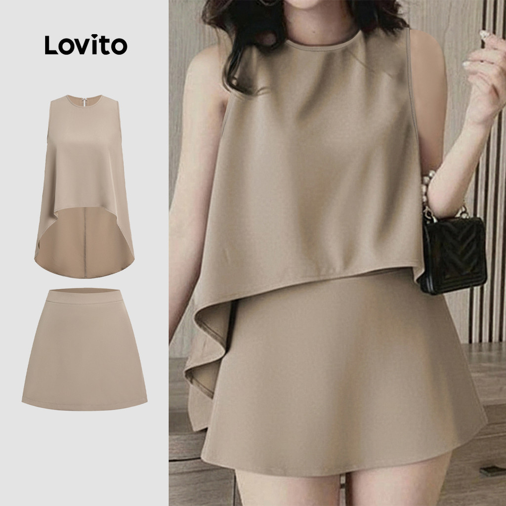 Lovito  Conjuntos de Saia Elegantes com Zíper Conjuntos de Saia Khaki para Mulheres Primavera/Verão L172LD688 em Oferta na Shopee