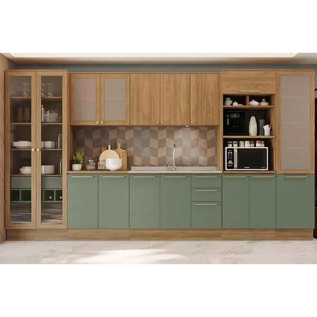 Cozinha Completa Botanic 8P (2 Armários + 2 Balcões + 3 Paneleiros) s/Pia M646 Nogueira/Verde Oliva - Kappesberg em Oferta na Shopee