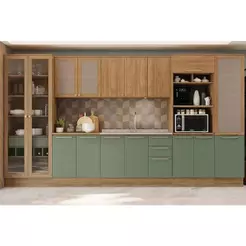 Cozinha Completa Botanic 8P (2 Armários + 2 Balcões + 3 Paneleiros) s/Pia M646 Nogueira/Verde Oliva - Kappesberg