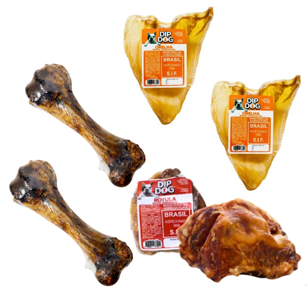 Kit Petisco para caes Osso mordedor 2 Orelha Bovina 2 Femur suino 2 Rotula  desidratado 100% natural