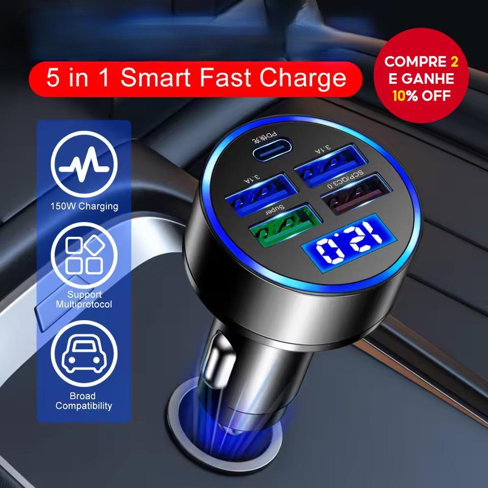 Carregador De Carro Rápido 3.1A Adaptador De Smartphone Com Display Digital Duplo Tipo C 5 Em 1