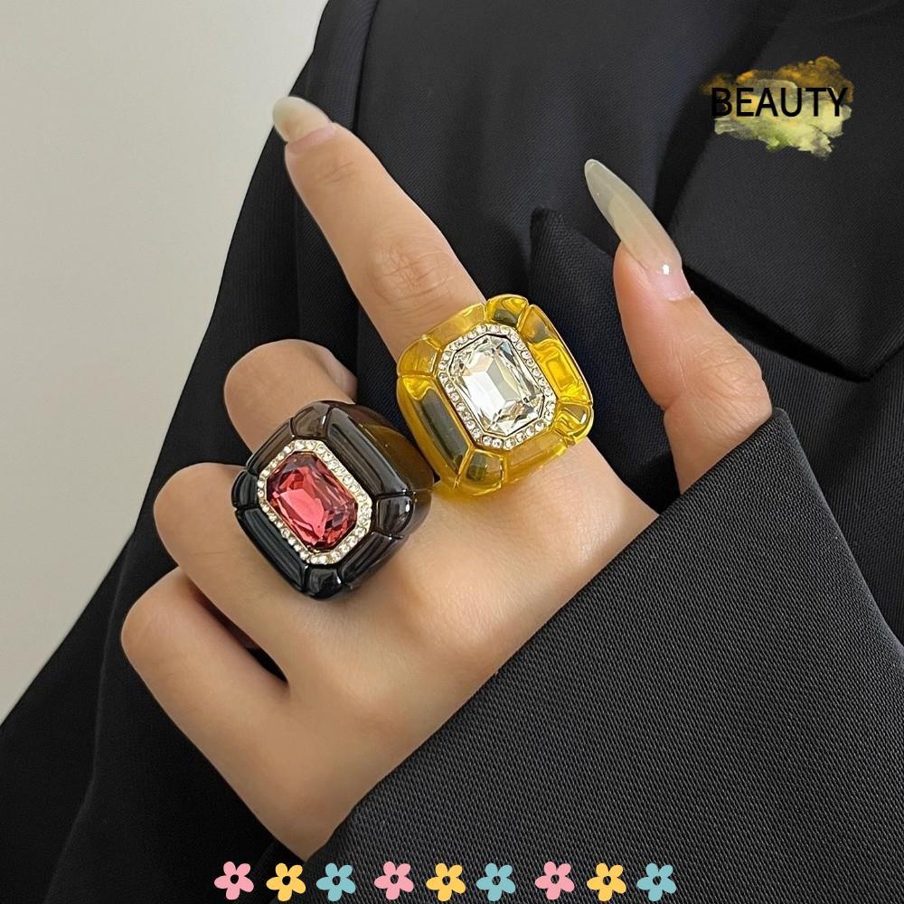 Anel De Dedo BEAUTYHOMEBR , Strass Colorido De Joias Elegantes Quadrado Geométrico Tridimensional
