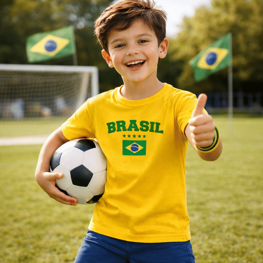 Camiseta Infantil Algodão Unissex Brasil Copa Do Mundo Futebol College Tee Estampa Gráfica