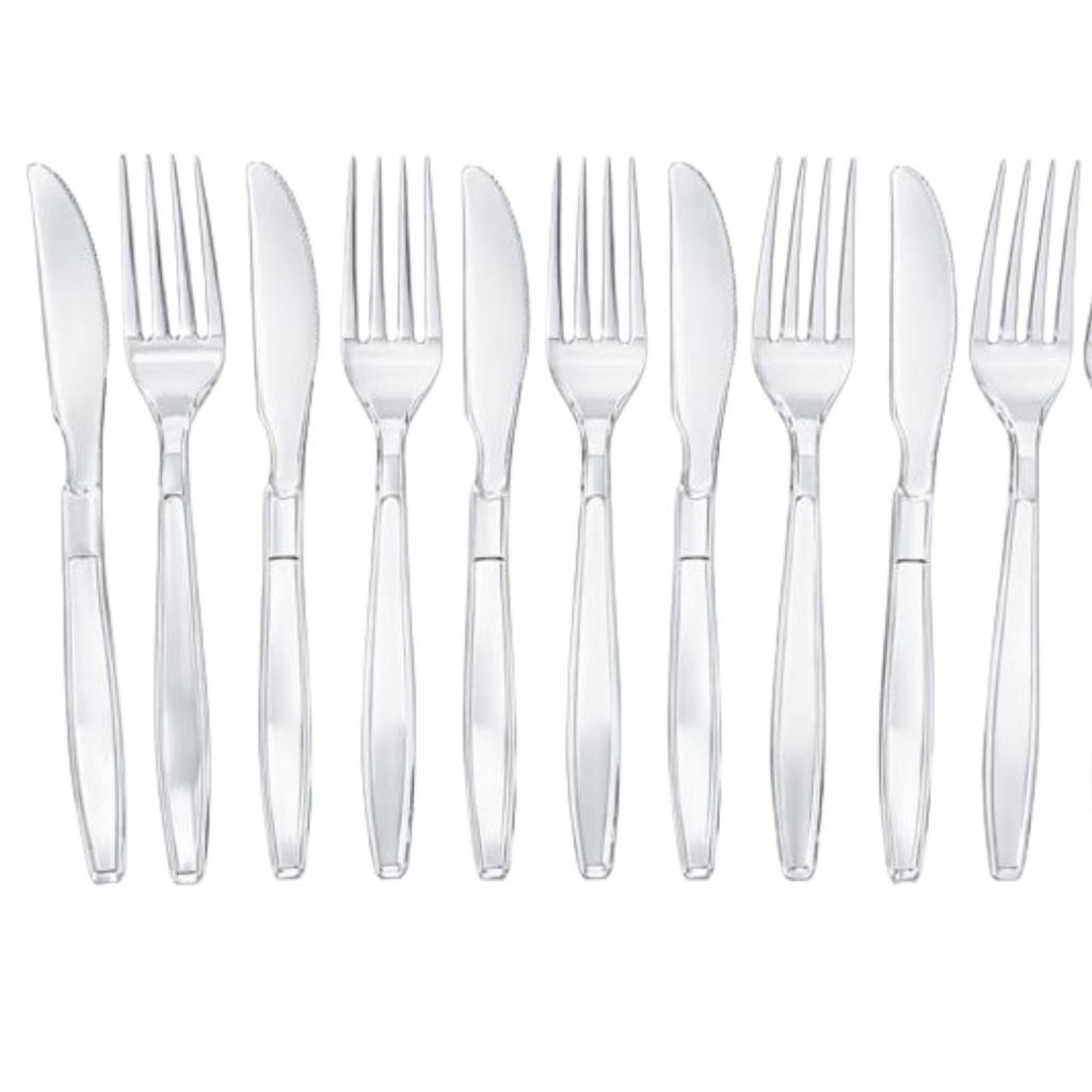 Kit 50 Talher Garfo e Faca Descartável para Refeição Reforçado Churrasco Cristal