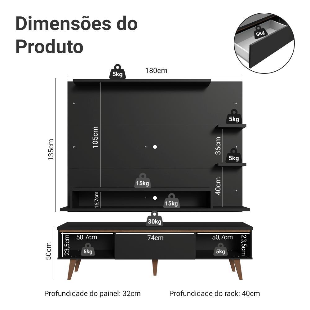 Rack com Painel para TV até 60 Polegadas 180 cm com Pés Reims Madesa — imagem 2 de 2