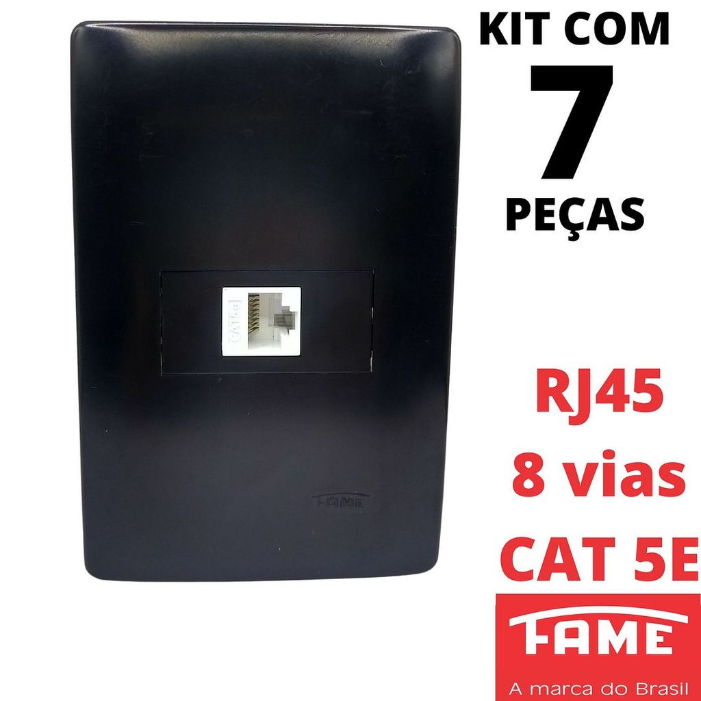 7un Tomada Rede de Informatica RJ45 CAT 5E 8 Vias Com Placa 4x2 Habitat Black Preto FAME