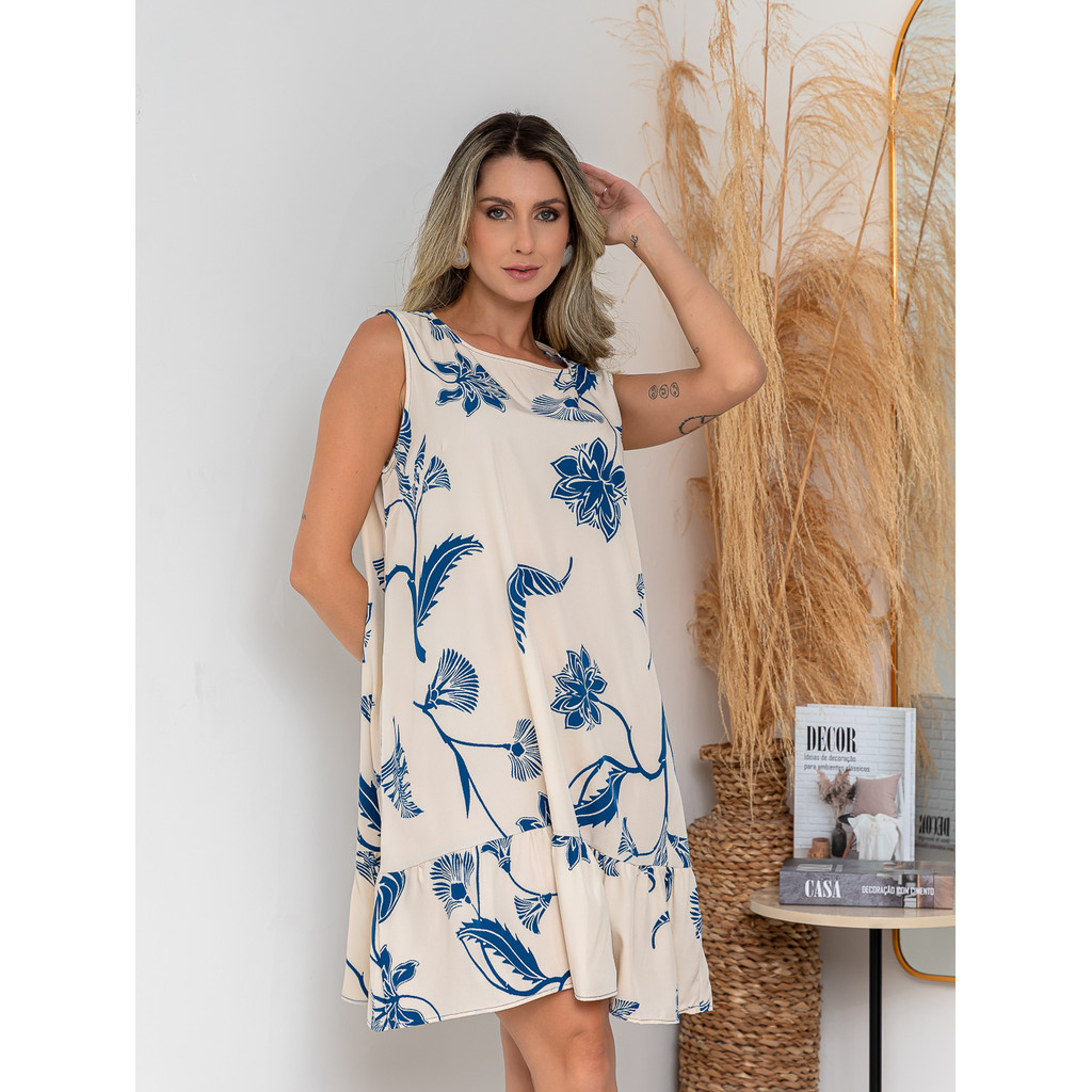 Vestido Feminino Floral Leve Solto com Barra em Babado Confortável para o Verão 2319