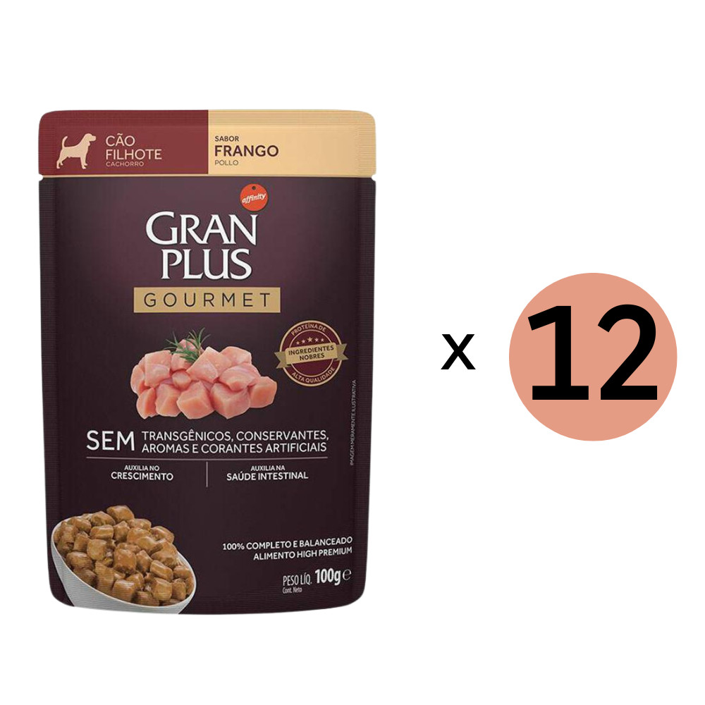Kit 12 Ração Úmida Gran Plus Gourmet Cães Filhotes Frango Sachê 100Gr