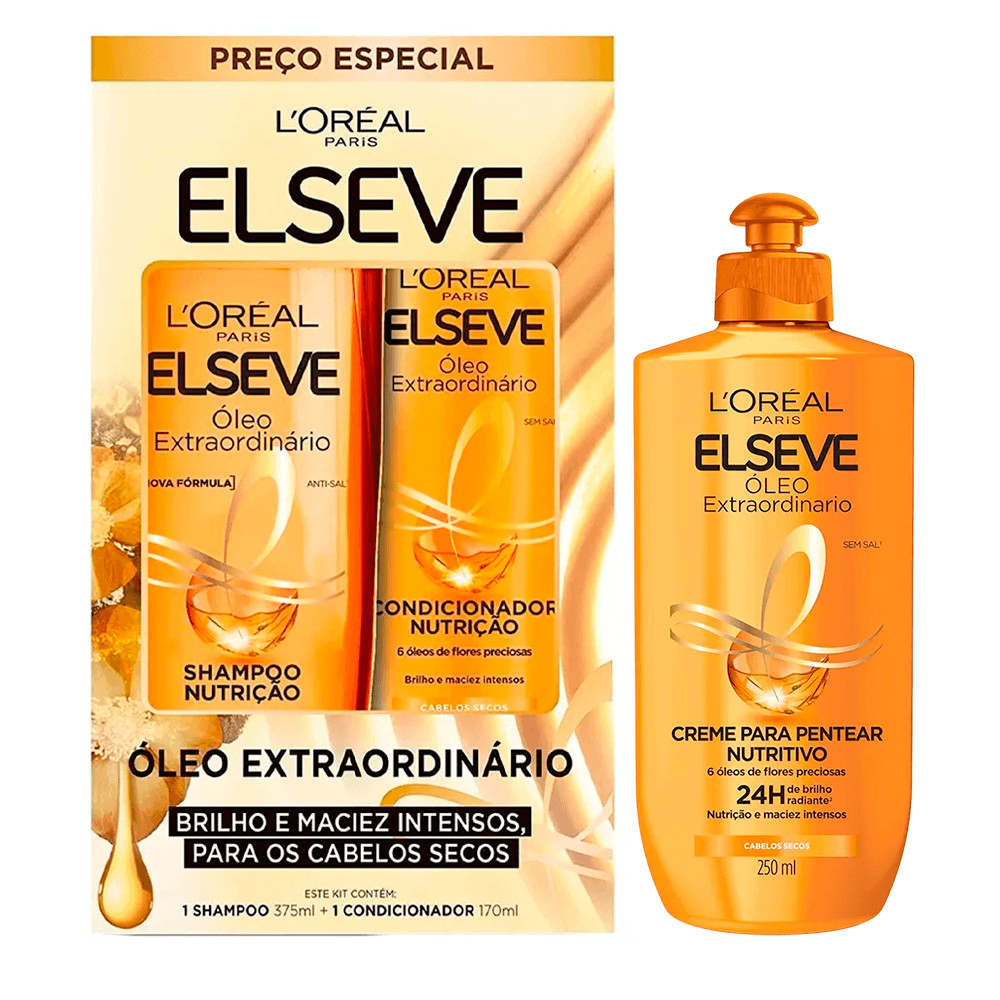 Kit Elseve Shampoo 375ml + Condicionador 170ml + Creme De Pentear Óleo Extraordinário 250ml