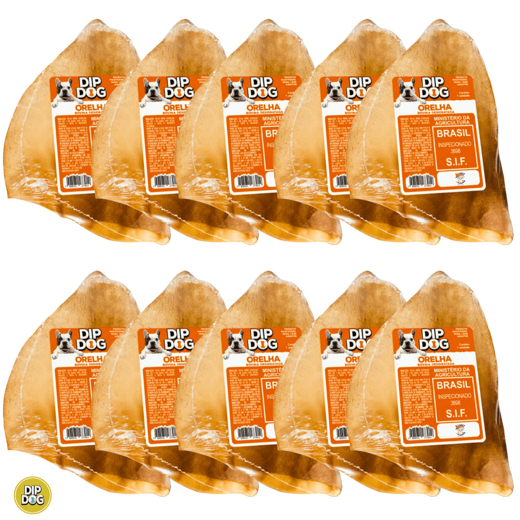 Kit Pacote Com 10 Petisco Natural Orelha Bovina Desidratada  Para Cachorro Dip Dog