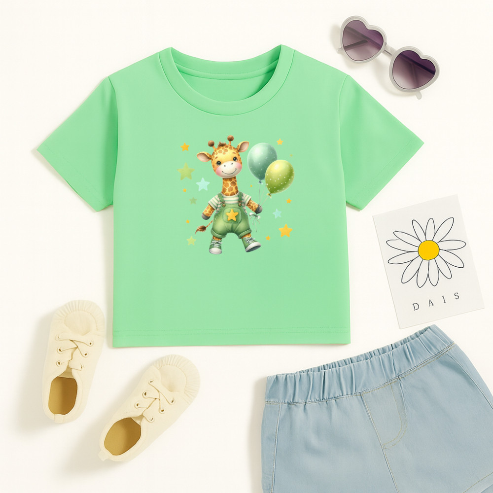 Camiseta Algodão Infantil Estampado Girafinha Balões 930 Blusa Feminina Delicada Gola Redonda Fofa