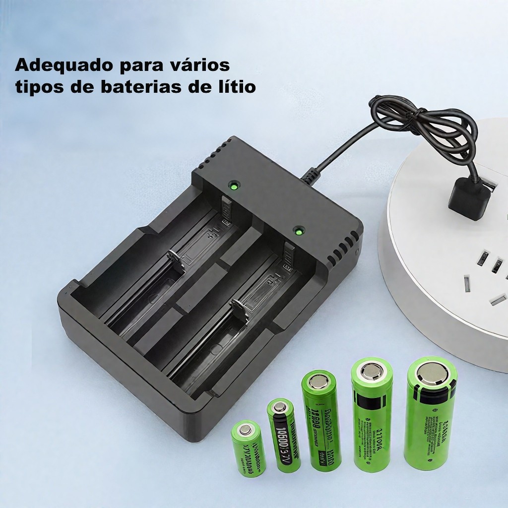 Carregador com Duas Slots para Baterias de Lítio – Adequado para Lanternas e Dispositivos Eletrônicos