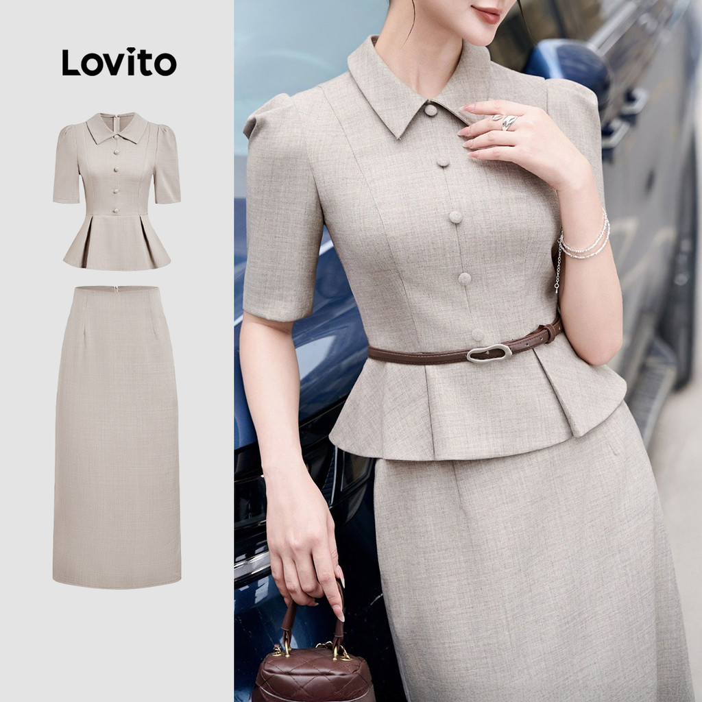 Lovito  Tops ou Bottoms Elegantes com Blusa Cinza Claro Tops ou Bottoms para Mulheres L172ED1007 em Oferta na Shopee