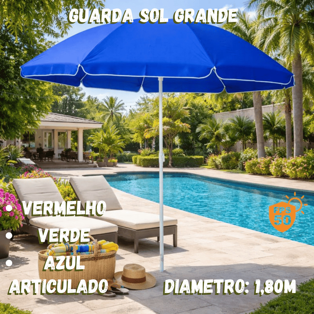 Guarda-sol Grande 1,80m Articulado 90° Proteção Uv Praia Verão Piscina Azul Vermelho Verde 50 FPS em Oferta na Shopee