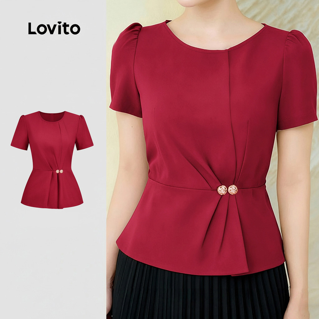 Lovito Blusa Elegante com Pregas Estrutura em Linha Blusa Cáqui para Mulheres primavera/verão L165ED017 em Oferta na Shopee
