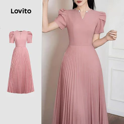 Lovito Plissada Elegante Vestido Rosa Primavera/verão com Zíper e Pregas para mulheres L171ED220