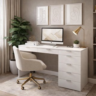 Escrivaninha Mesa Escritório 120cm 7 Gavetas Columbus Yescasa Branco em Oferta na Shopee