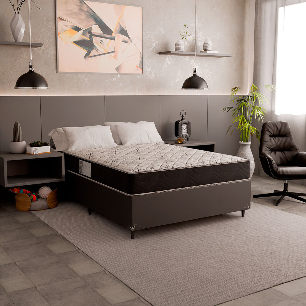 Cama Box Casal + Colchão D33 One Face - Couro Preto